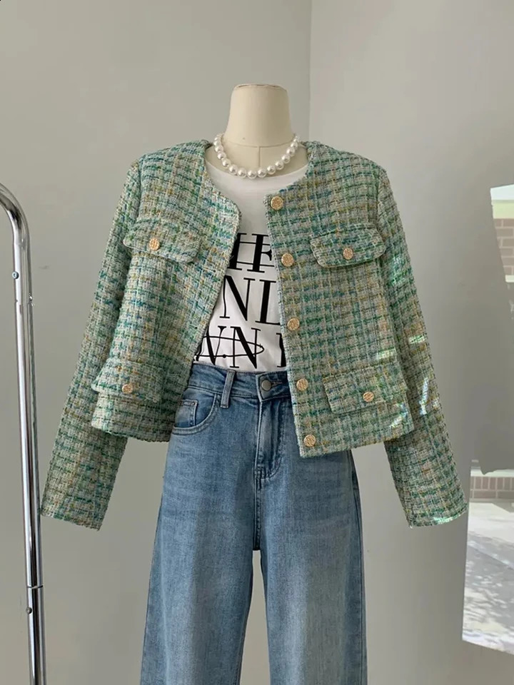 Zoki Retro Green Plaid Tweed Jacket Women Elegant O Neck Long Sleeve Sweet Coat Korean Casual Vintage Female Outwear Tops 240821