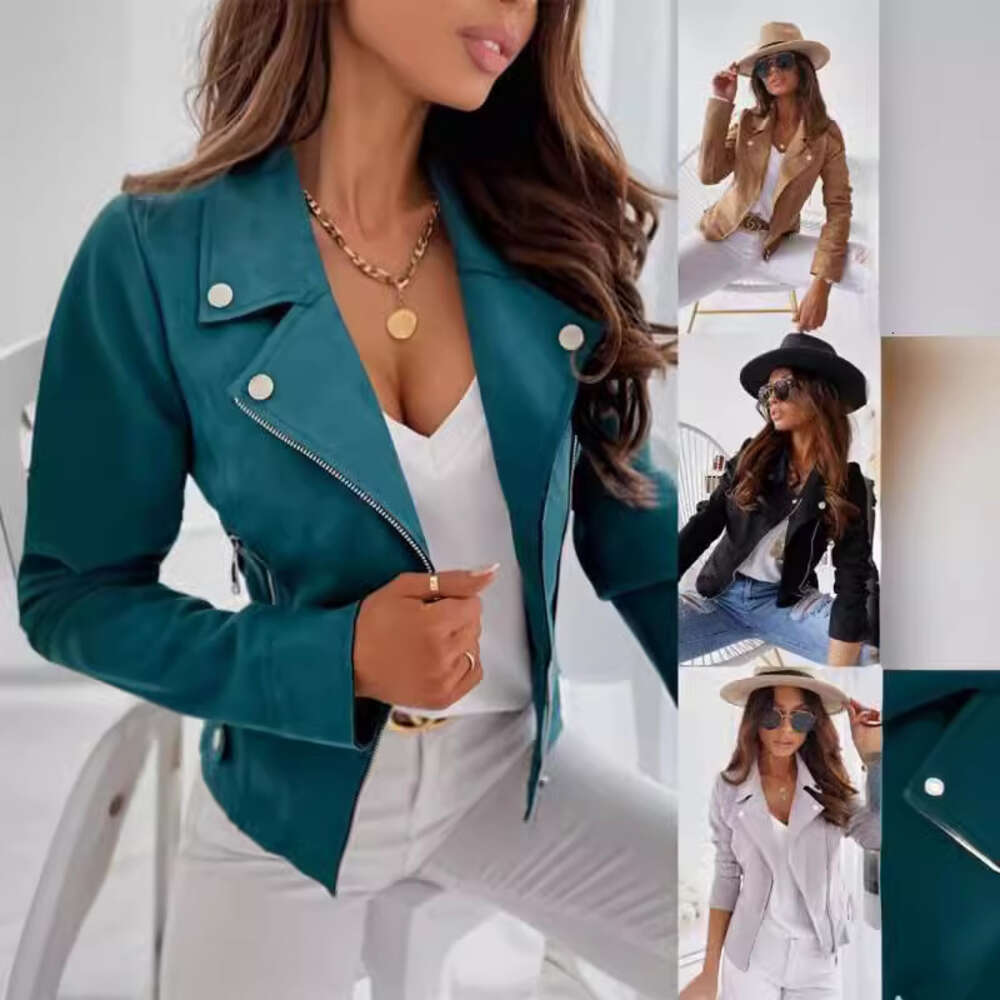 2024 Women's Slim Fit Flip Collar Zipper Buckskin Velvet Short Coat