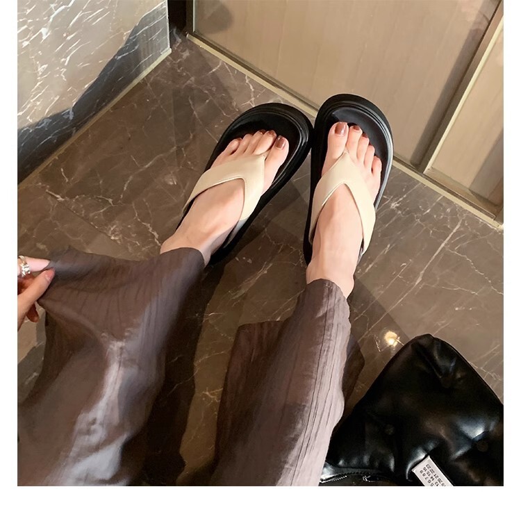 Ddmysports Grape Mom S Same Casual Versatile Round Clip Toe Thick Sole Simplified Erringbone Slippers For Women Genuine Leather Summer Outwear OUTDOOR