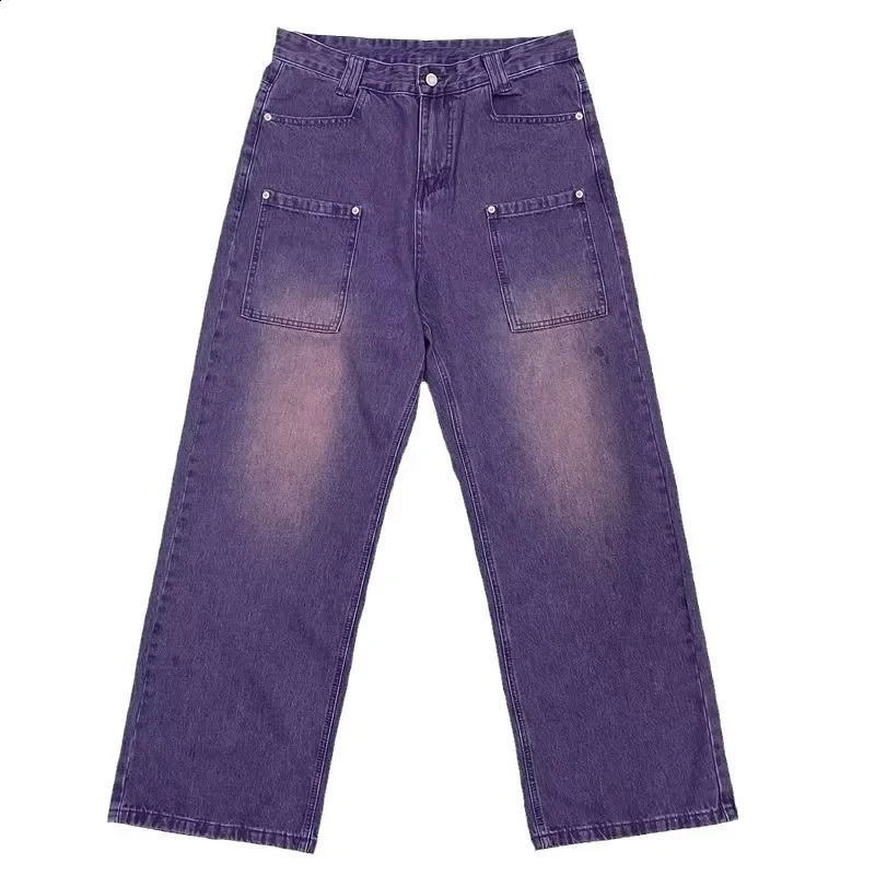 American Style Purple Straight-leg Jeans For Men Women Casual Hip Hop Vintage Loose Fit Wide Leg Dragging Trousers 240821
