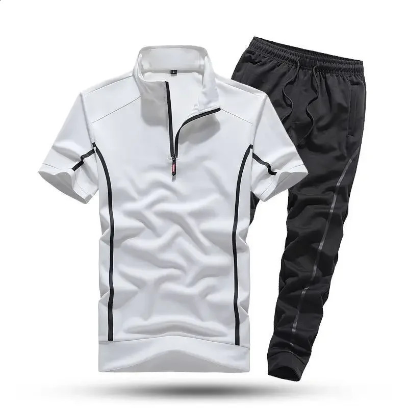 Sweatsuit Nylon Man Trousers Sets Tracksuit White T-shirts Pants Suits for Men Sweatshirts Stylish Short Quarter Sleeve Casual S 240821