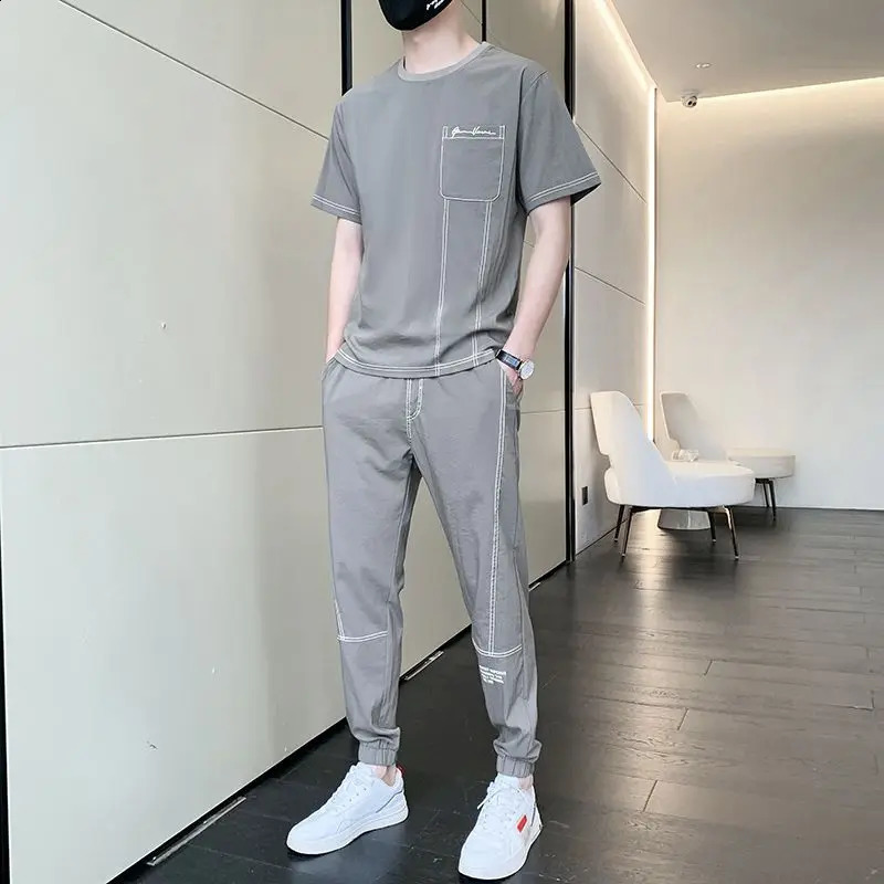 Male T Shirt Pants Sets Korean Style Black Fashion Top Slim Fit Fashion Essential Cotton In Matching Xl Clothes for Men 240821