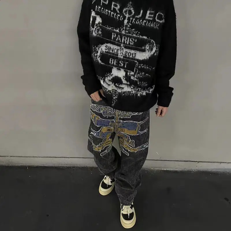 Patch embroidery jeans style washed hip hop mid-waist destroyed mid-high waist loose street fashion straight trend trousers 240821