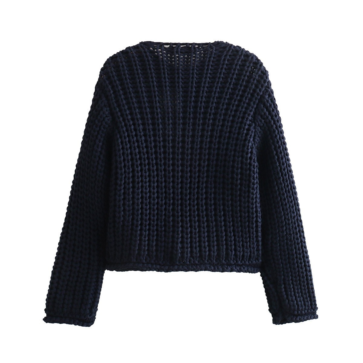 2024 women's solid color single breasted double pocket short coarse knitted sweater jacket B66004