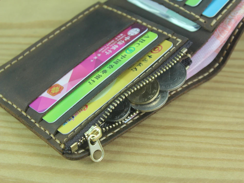 Handmade Genuine Leather Men Wallet Bifold Purse Male Wallets Short Money Clip Vintage Leather Money Bag with zip pocket 241224