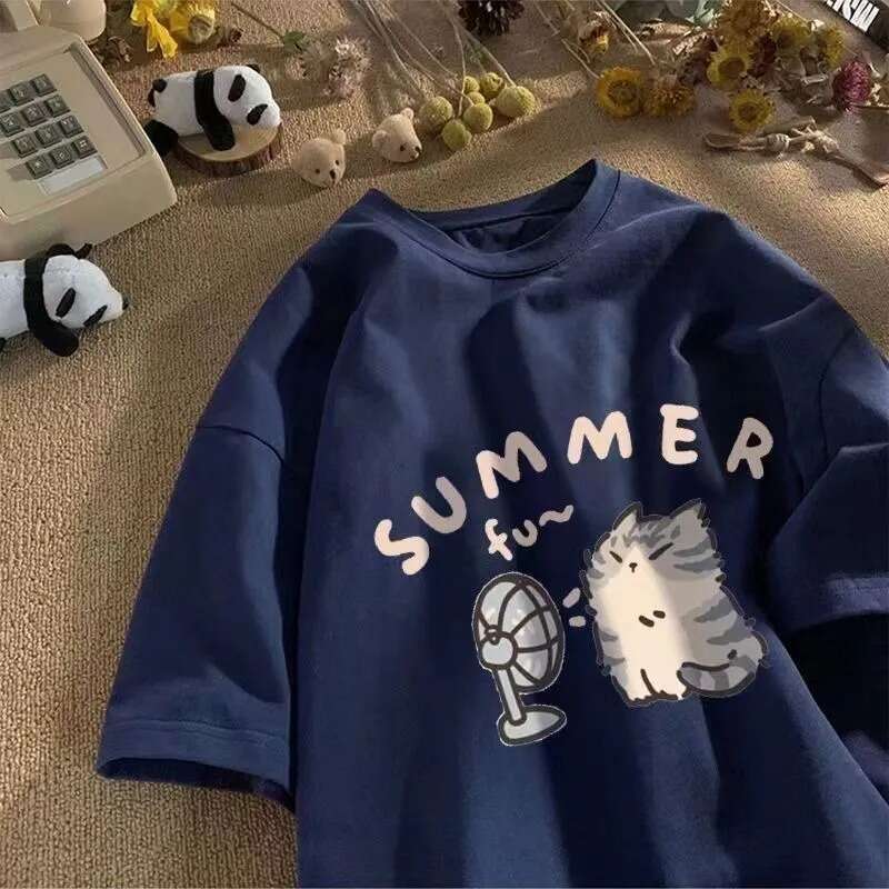 Cat Fan and Women Pure Cotton T-shirt for Men American Street Creative Blow Summer Relaxed Short Sleeve Couple Wear INS Top