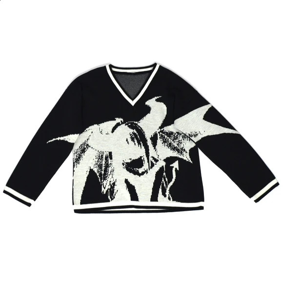 Cartoon Y2k Harajuku Kawaii Punk Retro Cute Round Neck Pullover Sweater Pattern Knitted Warm Loose Oversized Sweatshirt Women 240821
