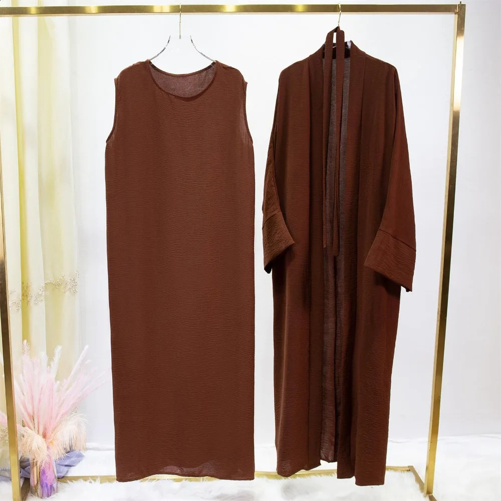 Muslim Sets Muslim Jilbab Two Pieces Women Out Abaya Loose Cardigan Coat Sleeveless Inner Dress Prayer Clothing with Belt 2pics 240821