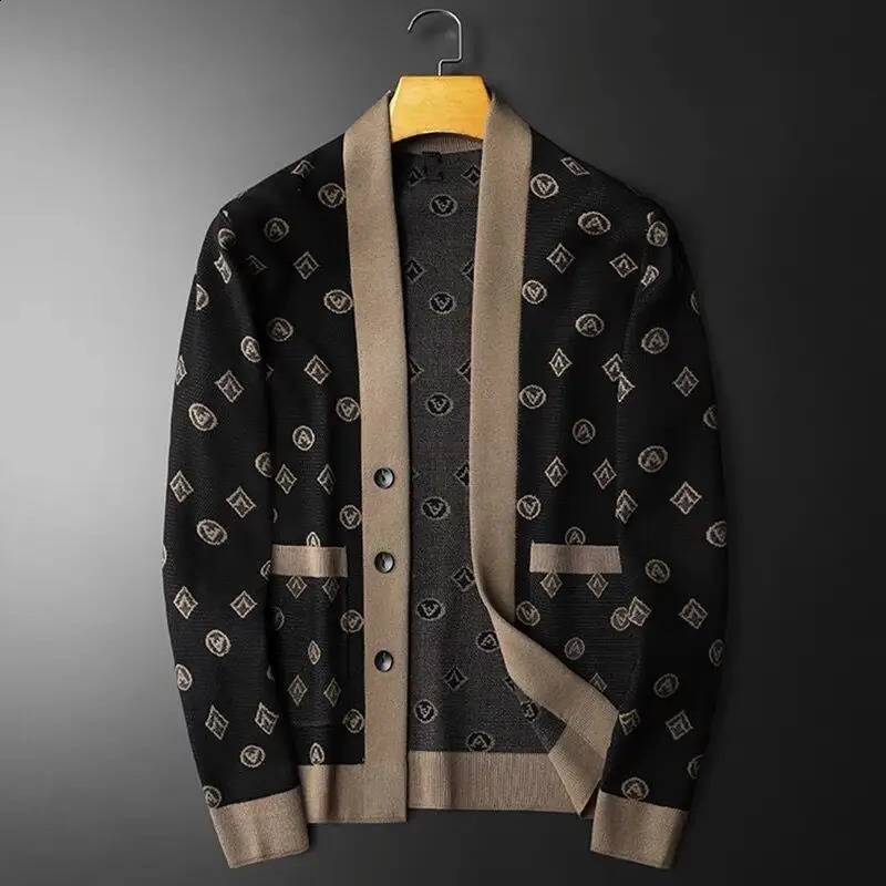 Mens Clothing Long Sleeve Patchwork Tops Solid Color Man Fashion Knitting Cardigan Casual Coat Autumn Winter Sweaters 240821