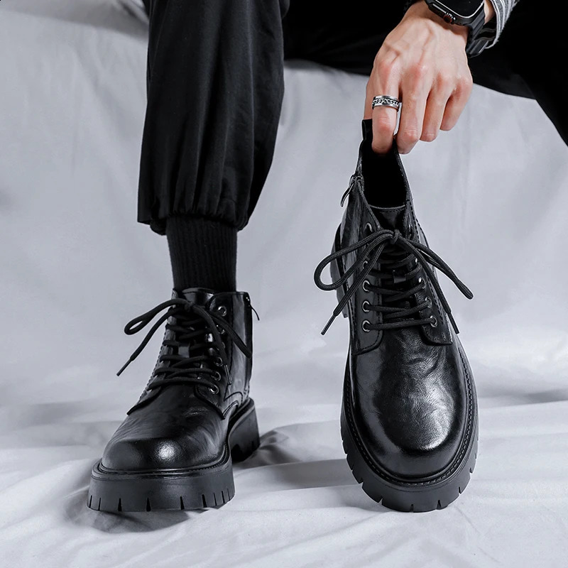 England style mens leather ankle boots with thick soles autumn and spring mid cut boots mens lace laces soft round laces denim boots 240821