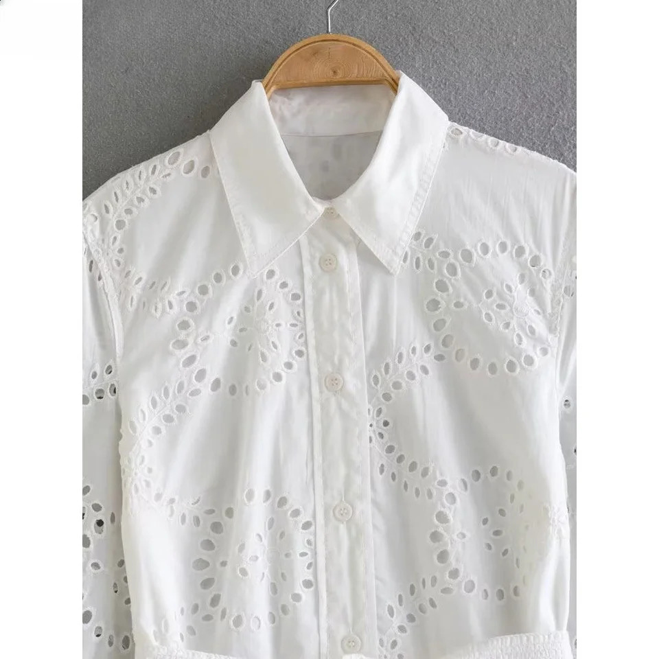 DUOPERI Women Fashion White Cotton Embroidery Midi Shirt Dress Long Sleeves High Waist With Sashes Female Chic Lady Long Dress 240821