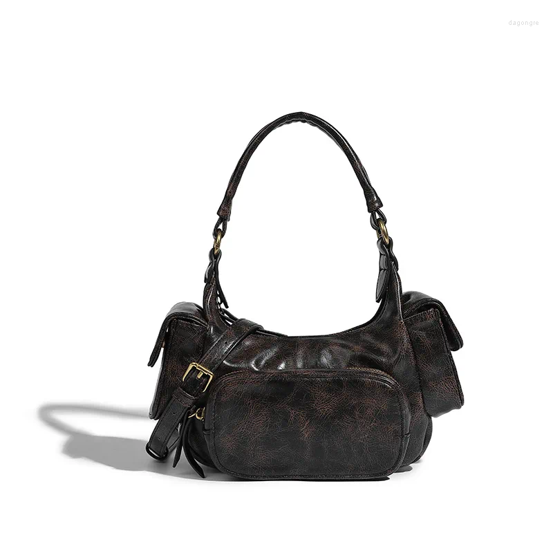 Shoulder Bags Cool Girl Multi-Pocket Motorcycle Bag American Vintage PU Leather Women Travel Handbags 2024 Trendy Lady Underarm 4