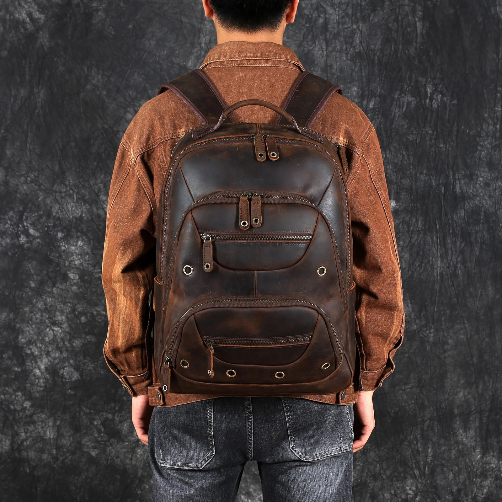 Retro leather backpack mens top denim large capacity hiking bag multilayer travel computer 240820 e97d 4