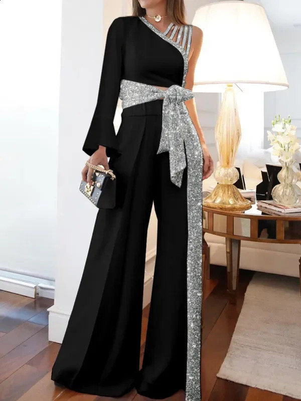 2024 Elegant Women Jumpsuits Casual Long Sleeve One Shoulder Wide Leg Jumpsuit Lace Up Loose Wide Legs Romper High Streetwear 240820
