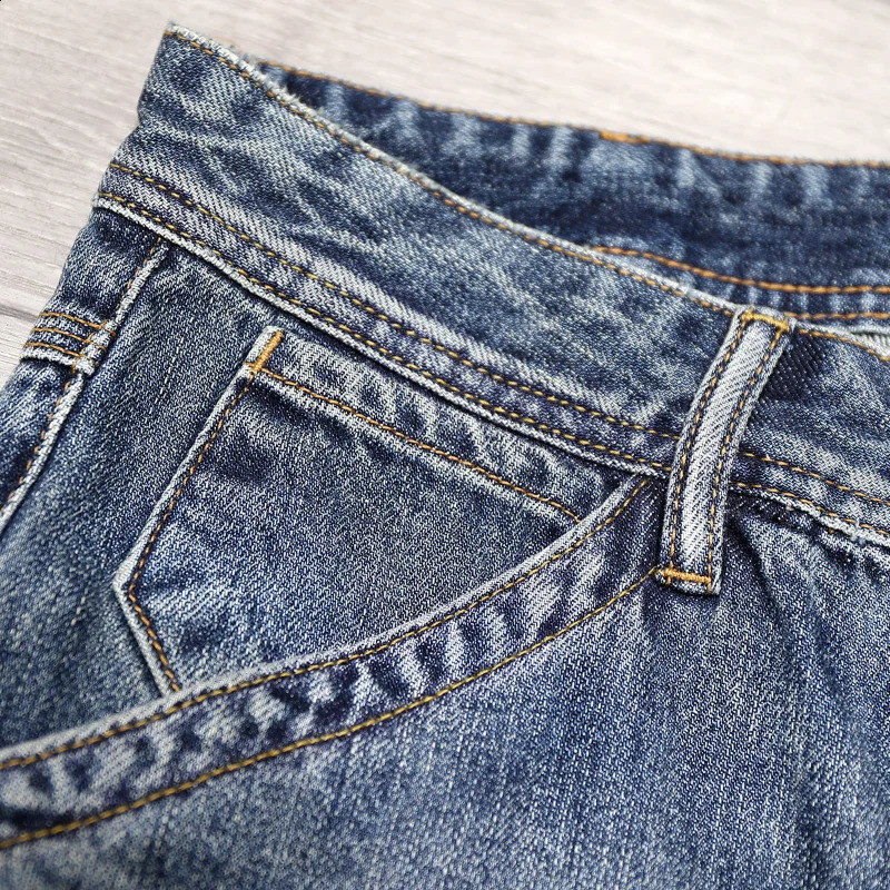 American Vintage Cargo Stitching Jeans Mens Slim Elastic Fashion Washed Dilapidated Y2k Trousers Male Streetwear Denim Pants 240821