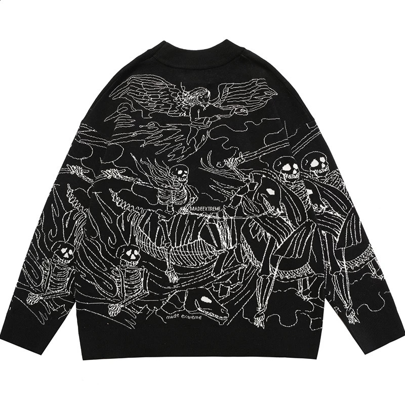 Autumn Streetwear Sweater Men Women Cotton KnitwearVintage Knitted Sweater Harajuku Ukiyo-e Style Skull Graffiti Pullover 240821