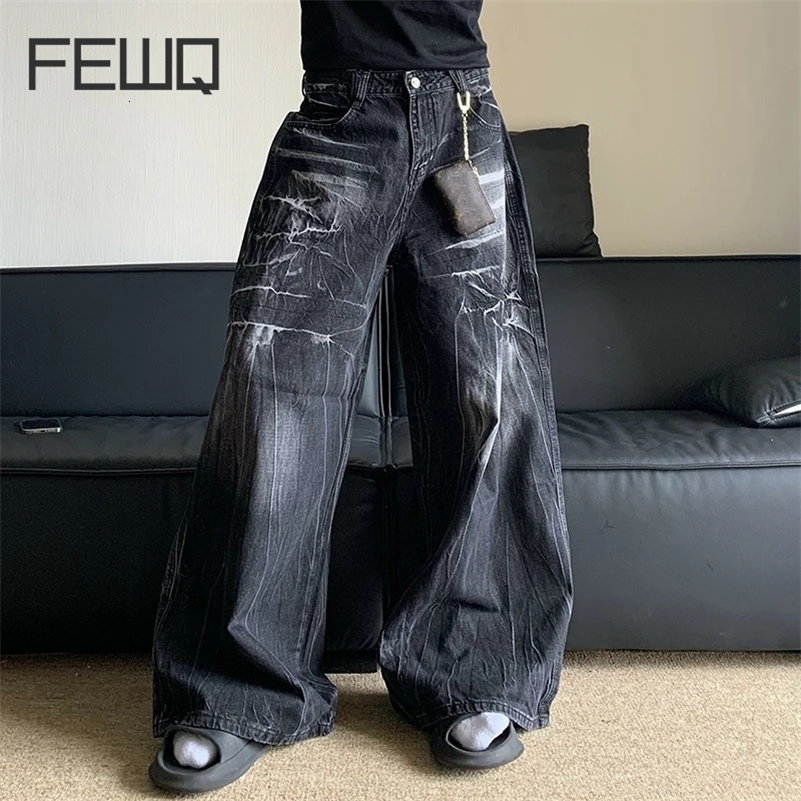 FEWQ American Cleanfit Washed Old Lightning Pattern Vibe Loose Wide Leg Pants Jeans Male Trousers Fashion 24E1568 240821