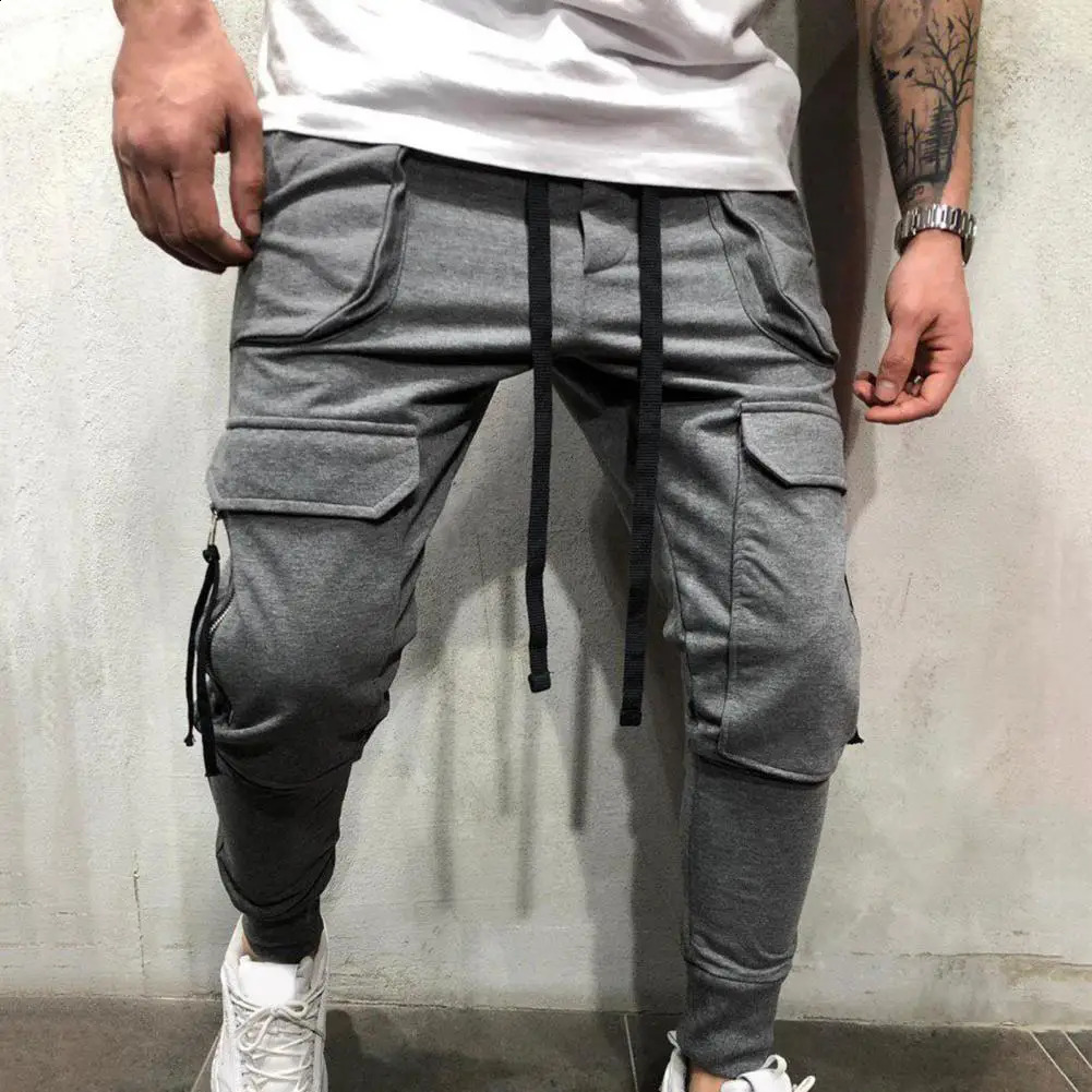 Multi Pockets Elastic Waist Training Trousers Ribbed Ankle Solid Color Drawstring Men Cargo Pants Workwear 240821