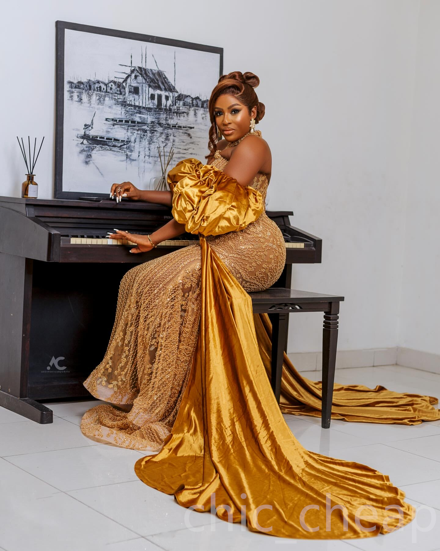 Gold Sequin Mermaid Aso Ebi Prom Dress 2025 | Illusion Lace Halter Evening Gown