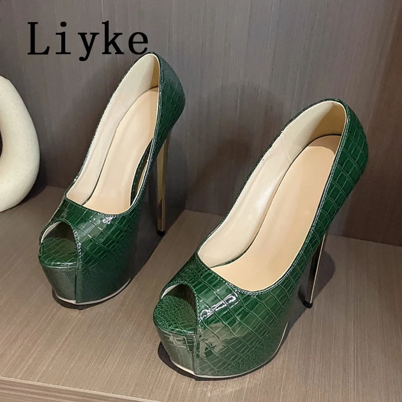 Liyke 2024 Green High Heels Women Platform Sandals Sexy Snake Print Peep Toe Club Stripper Pole Dance Shoes Pumps Size 35-42 240819