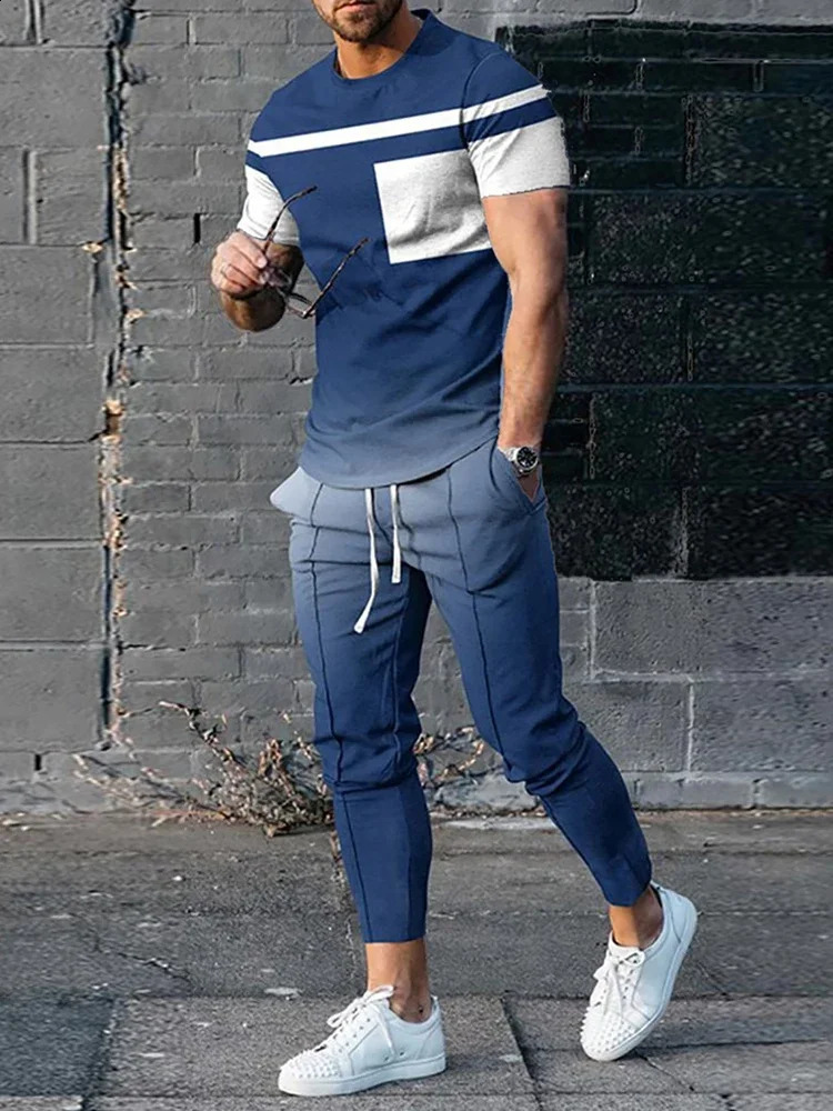 Mens Tracksuit Printed Sportswear Summer Short Sleeved T-shirt Trousers Suit Casual Joogers 2 Piece Sport Tshirts Long Pant Set 240821