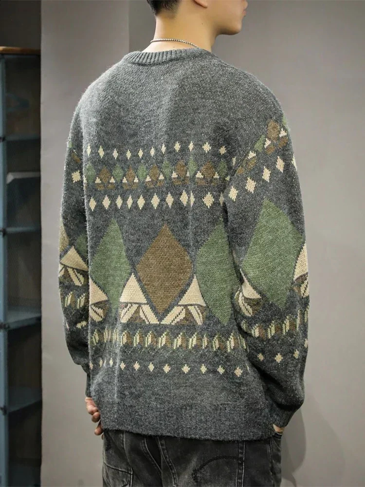 Knit Sweater Male Round Collar Mens Clothing Crewneck Argyle Jacket Coat Pullovers Graphic Aesthetic Meme Neck Order Classic A 240821