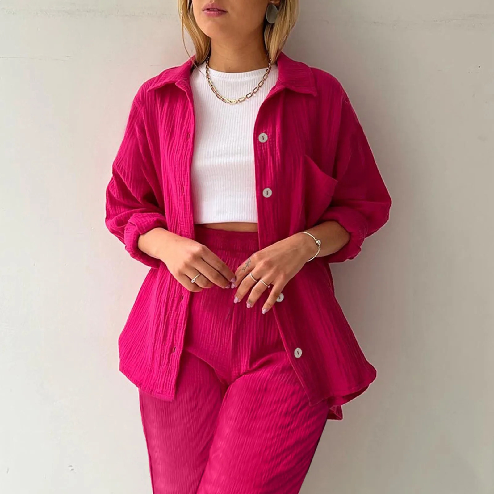 Womens Summer Muslin Blouse Shirt And Shorts Clothes Long Pants Autumn Outfit Set Two Piece Pant Suits 240820