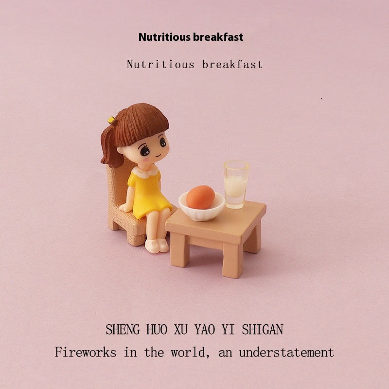 Cartoon Mini Cute Girl Eating Breakfast, Babyhouse Micro Landscape Scene Simulation Table and Chair, Dog Home Desktop Decoration