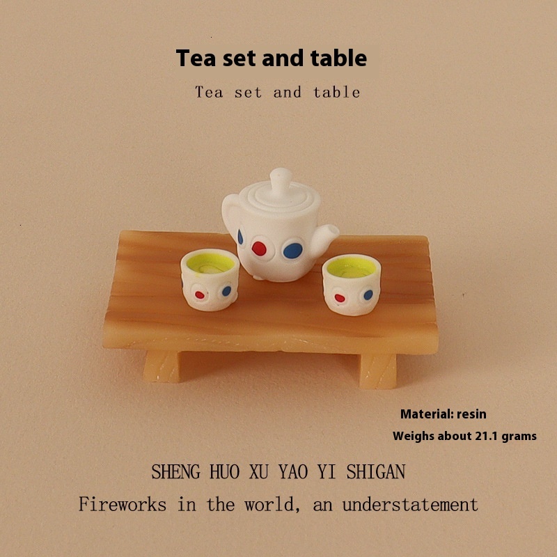 Resin Creative Crafts Mini Tea Set Elderly Doll Office Desktop Small Ornament Micro Landscape Home Scene