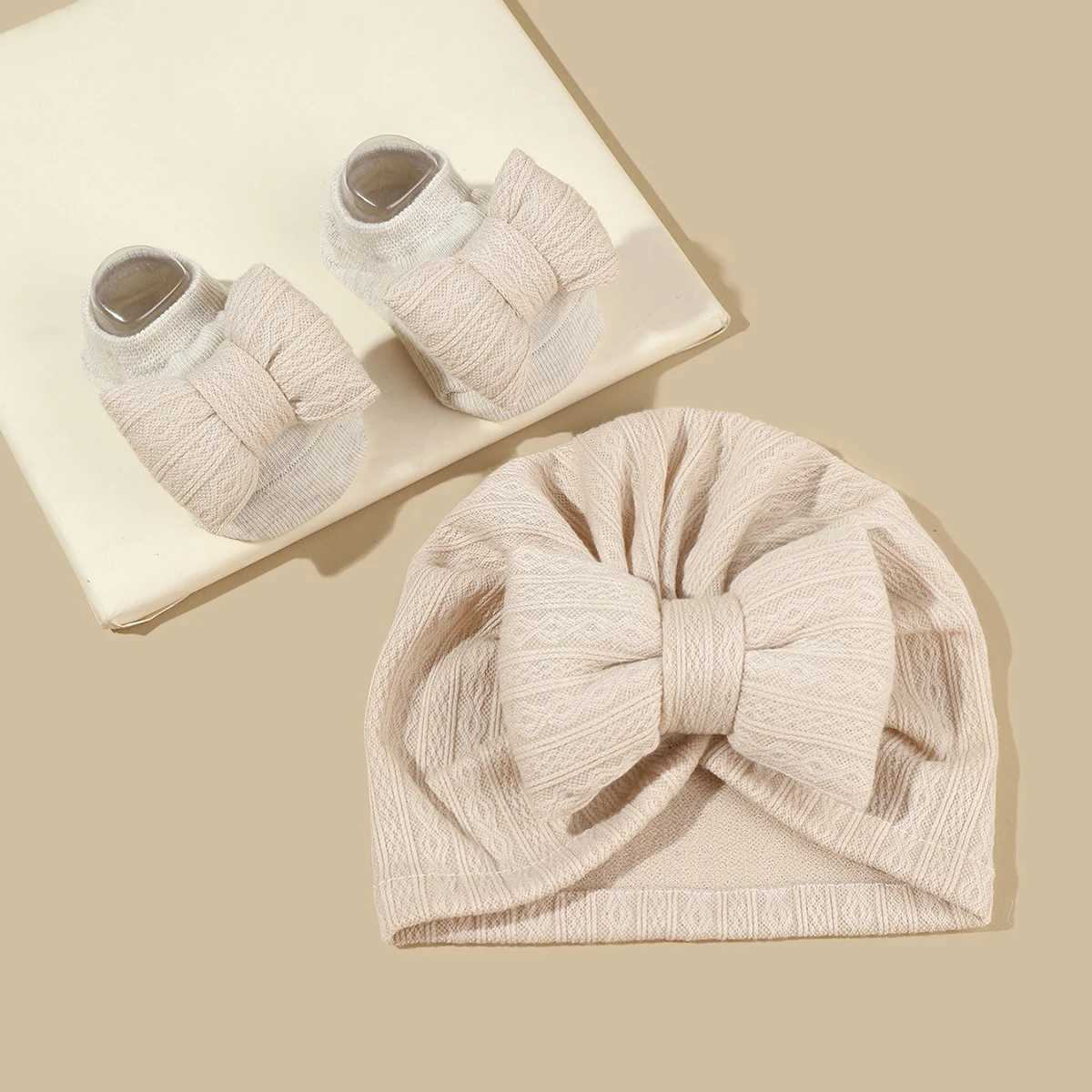 2 pieces of newborn baby bow hat sock set solid color cotton baby girl turbo hat anti slip socks W240820
