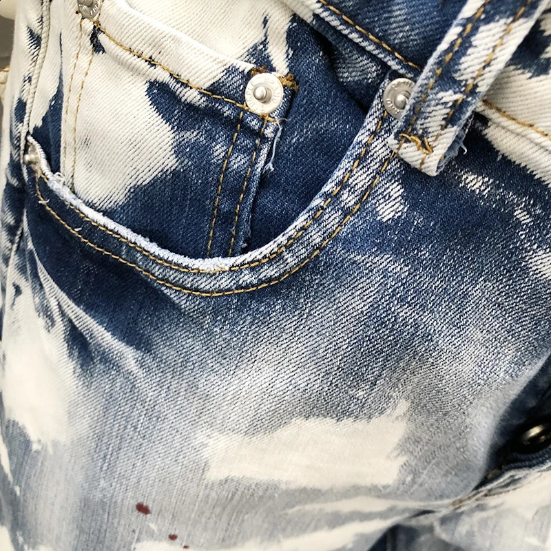 Street Retro Skinny Jeans Men Paint Inkjet White Jean Blue Motorcycle Pants Streetwear Trousers Stretch Pantalon Vaqueros Hombre 240821