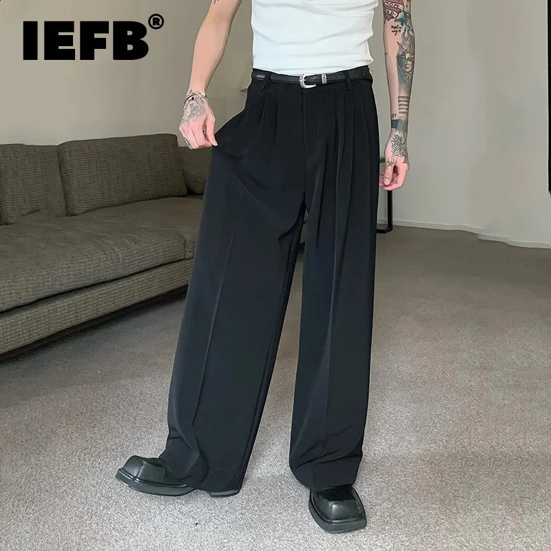 IEFB Korean Style Chic Drape Straight Suit Pants Men Loose Simple Solid Color Wide Leg Casual Floor Mop Trousers Autumn 9C6900 240820