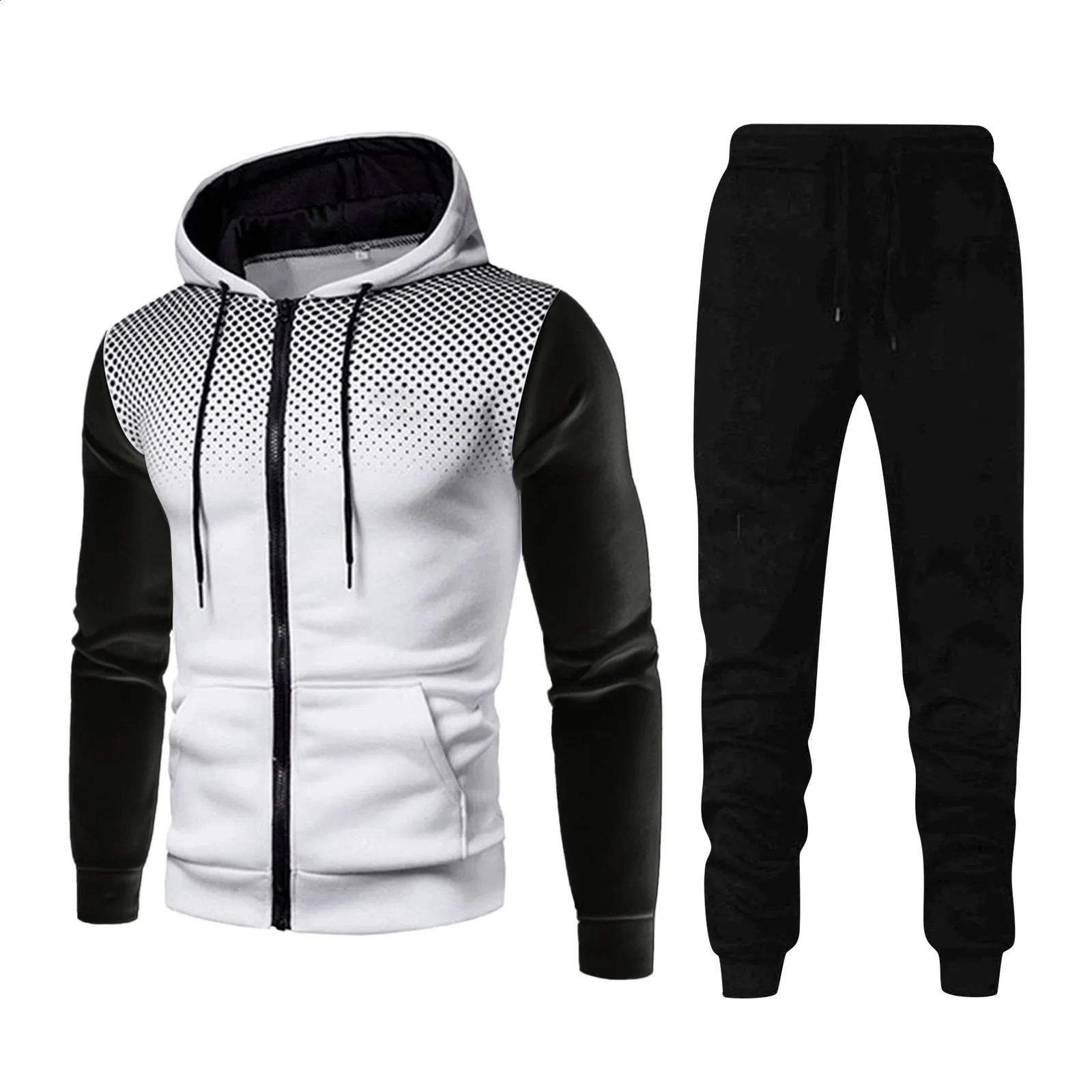 Mens Winter Sports Casual Fitness Suit With Dots Long Sleeve Pullover Hoodies Sweatshirt And Pants Man Clothing 240821