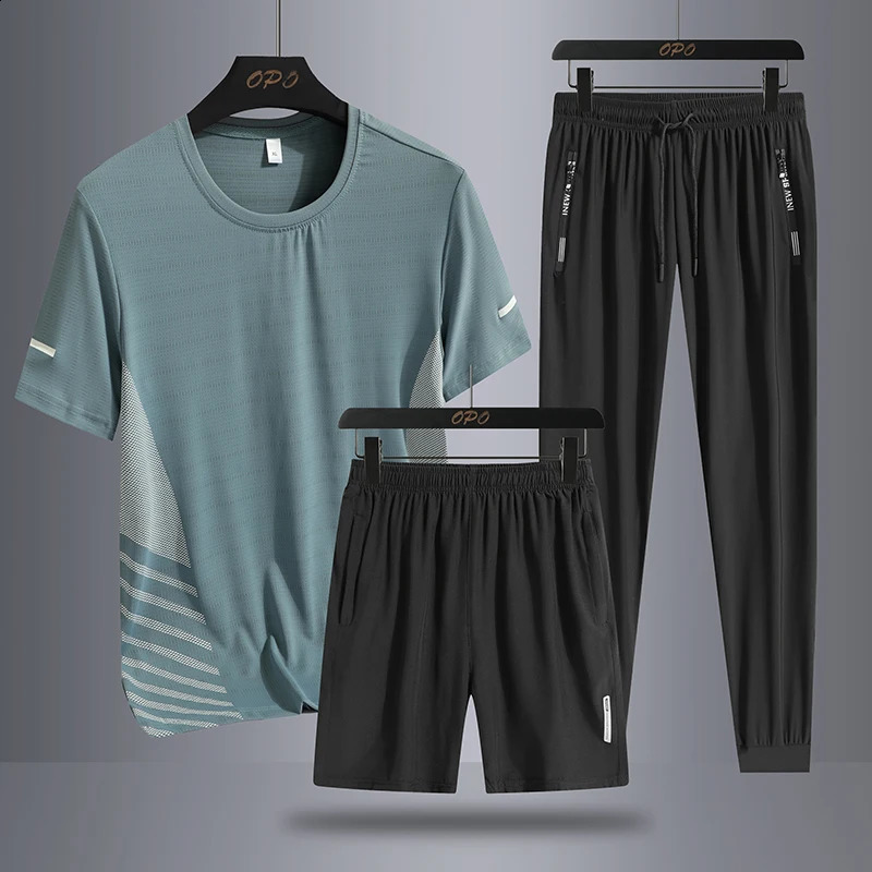 Summer mens sports running three piece set with round neck short sleeved T-shirt shorts long pants loose ice silk set 240821