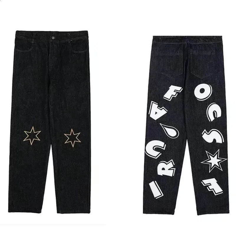 American retro black jeans personalized letter star print jeans for men and women Y2K casual straight leg loose jeans trousers 240821