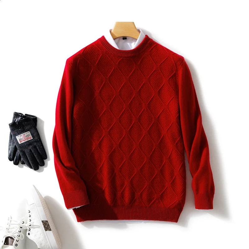 Mens O-neck Diamond Grid Pullover 100% Pure Cashmere Wool Soft Sweater Autumn Winter Casual Thick Basis Large Size Top 240821