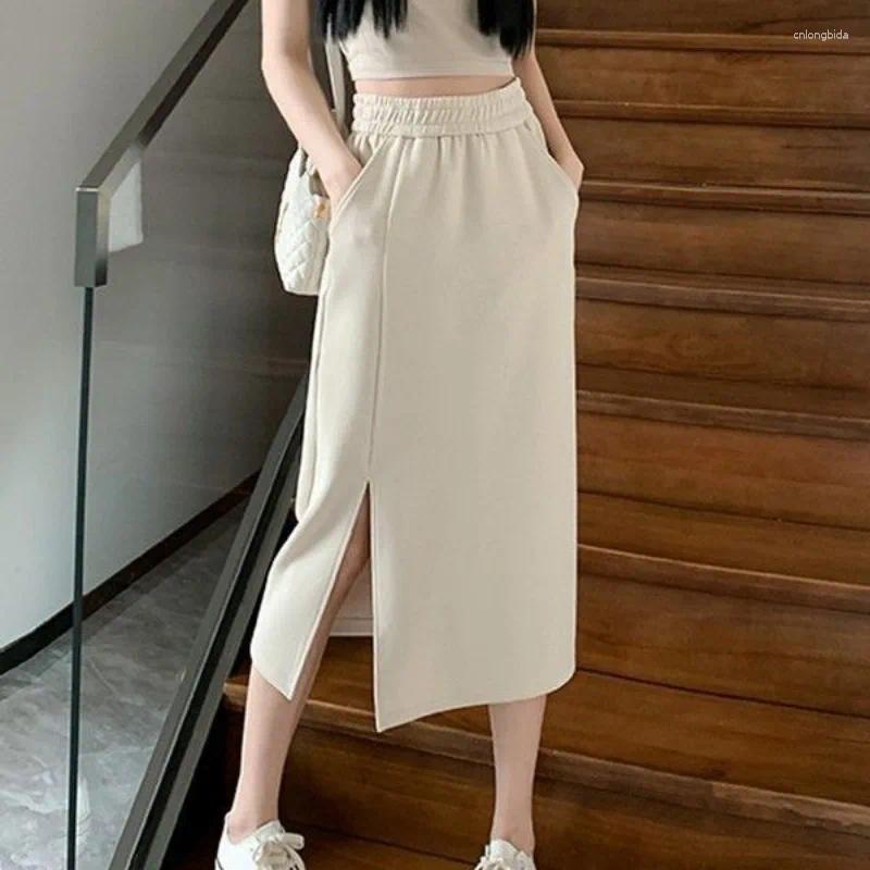 Skirts Spring Summer Womens Clothing Elastic High Waisted Solid Color Vacation Elegant Straight Short Knee Preppy Style Vintage