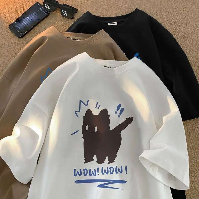 Summer 2024 Casual Retro Kitten Print Short Sleeved American Street Men and Women Loose Trend Graphic T-shirt Haruku