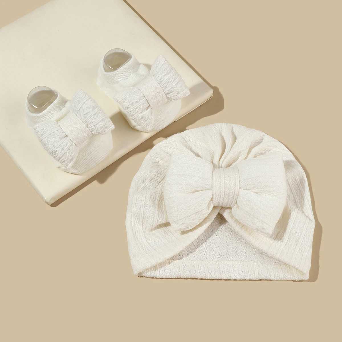 2 pieces of newborn baby bow hat sock set solid color cotton baby girl turbo hat anti slip socks W240820