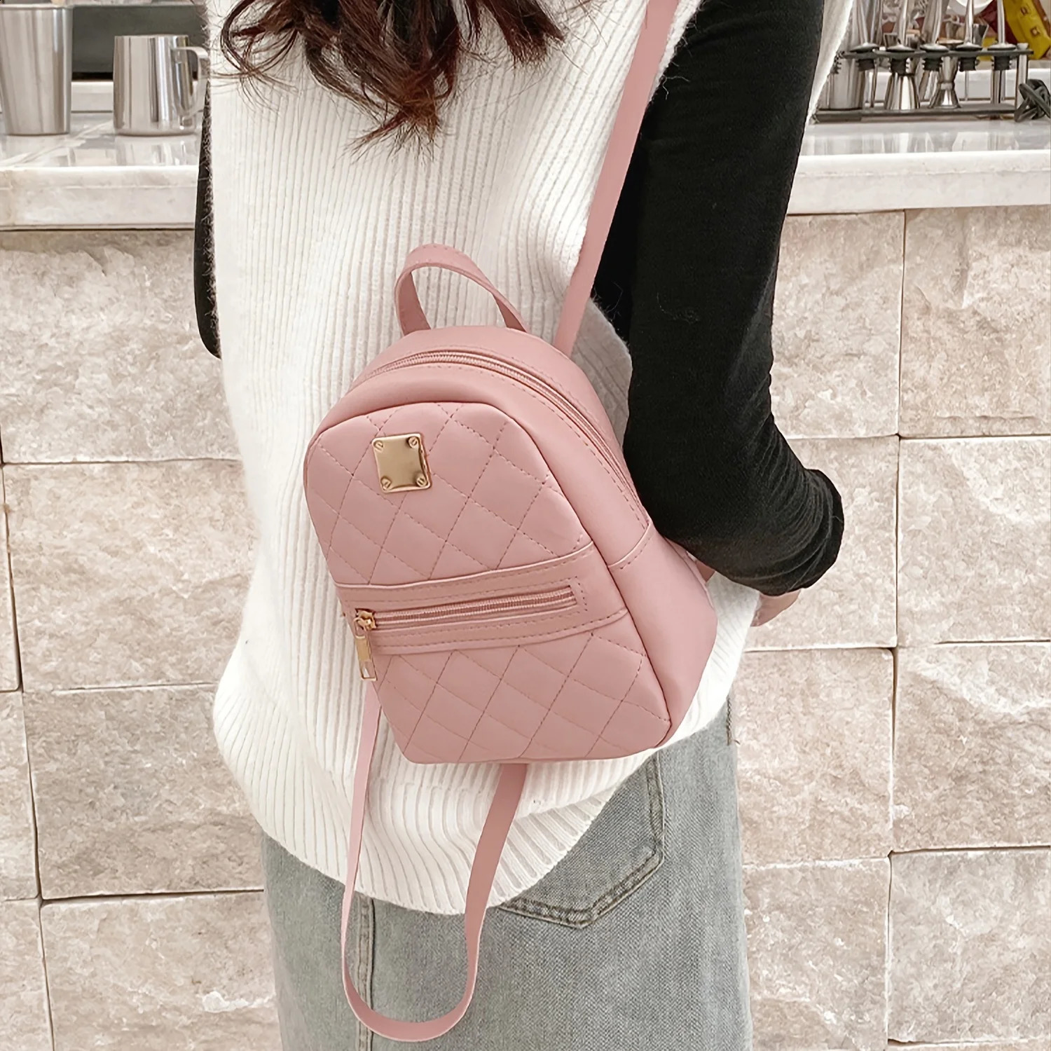 Mini Quilted Zipper Backpack Womens Fashion Faux Leather For Work School 787669315 Inch 240821