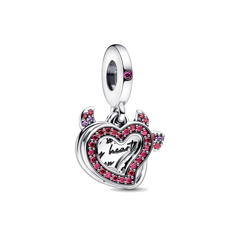 Engravable Heart Tag Mahjong Devil Heart Double Love Padlock Dangle Charms S925 Snake Bracelet Bangle Beads For Jewelry Making