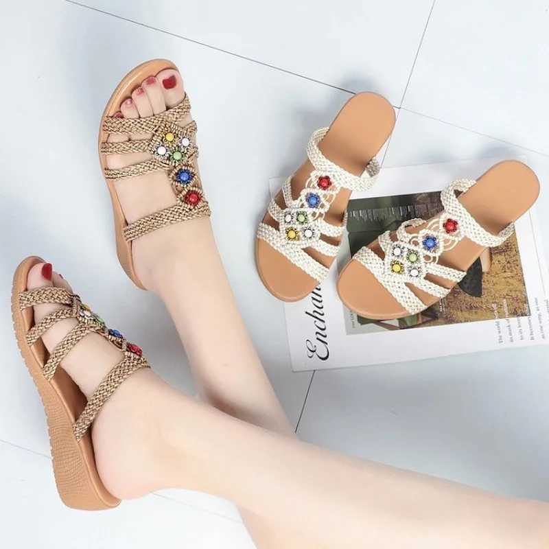 Platform Female Slippers 2023 Summer Fashion New Beach Shoes 5~7cm Wedge Pearl Slippers Shoes for Women CL240806