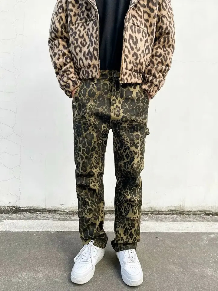 Baggy Leopard Print Y2k Jeans Man Casual Wide Leg Denim Pants Fashion Streetwear Retro Straight Jeans korean fashion 240821