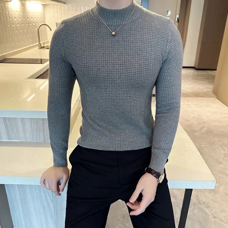 3 Color Men British Style Fall Winter Slim Dark Pattern Half High Neck Pure Color Knit Pullovers Mens Slim-fit Sweater Base 240821