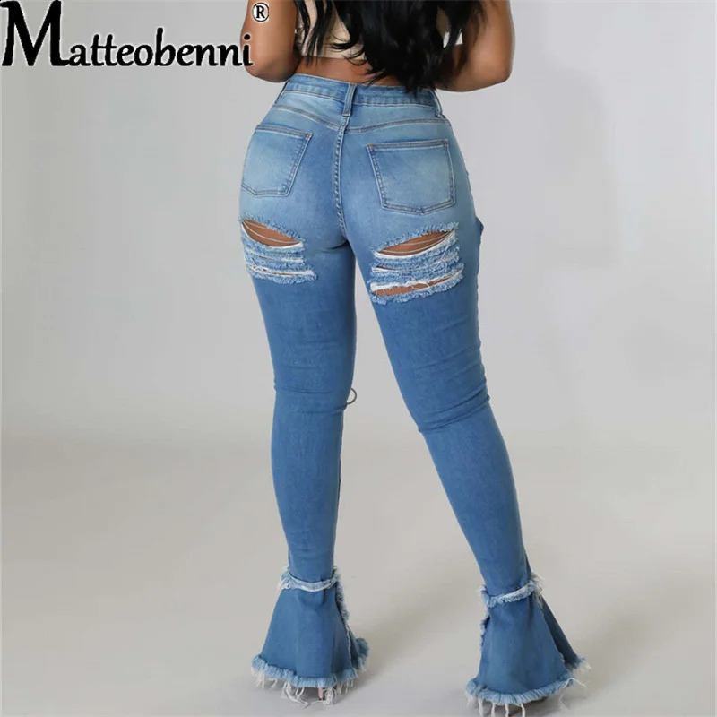 Sexy Slim High Waist Jeans Women Vintage Ripped Stretch Eyelet Bandage Mopping Denim Flared Pants Ladies Casual Street Trousers 240821
