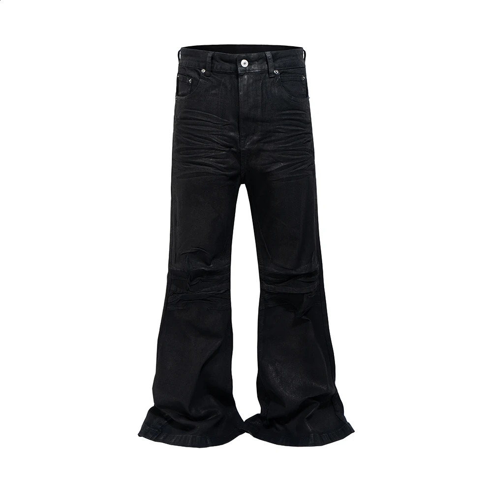 Streetwear Black Glue Coated Boot Cut for Men and Women Straight Baggy Casual Flare Pants Oversized Loose Denim Trousers 240821