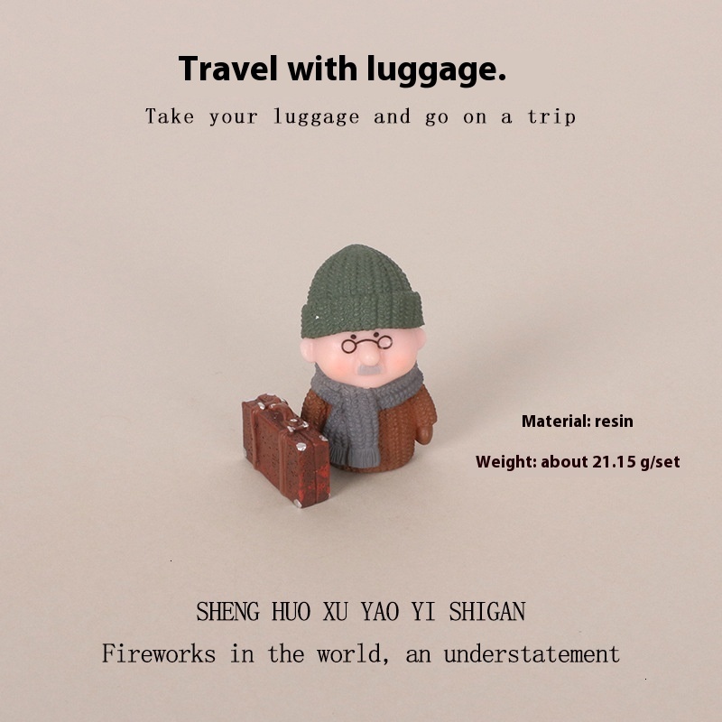 Mini creative elderly travel luggage, resin crafts, micro landscape home decorations, desktop ornaments