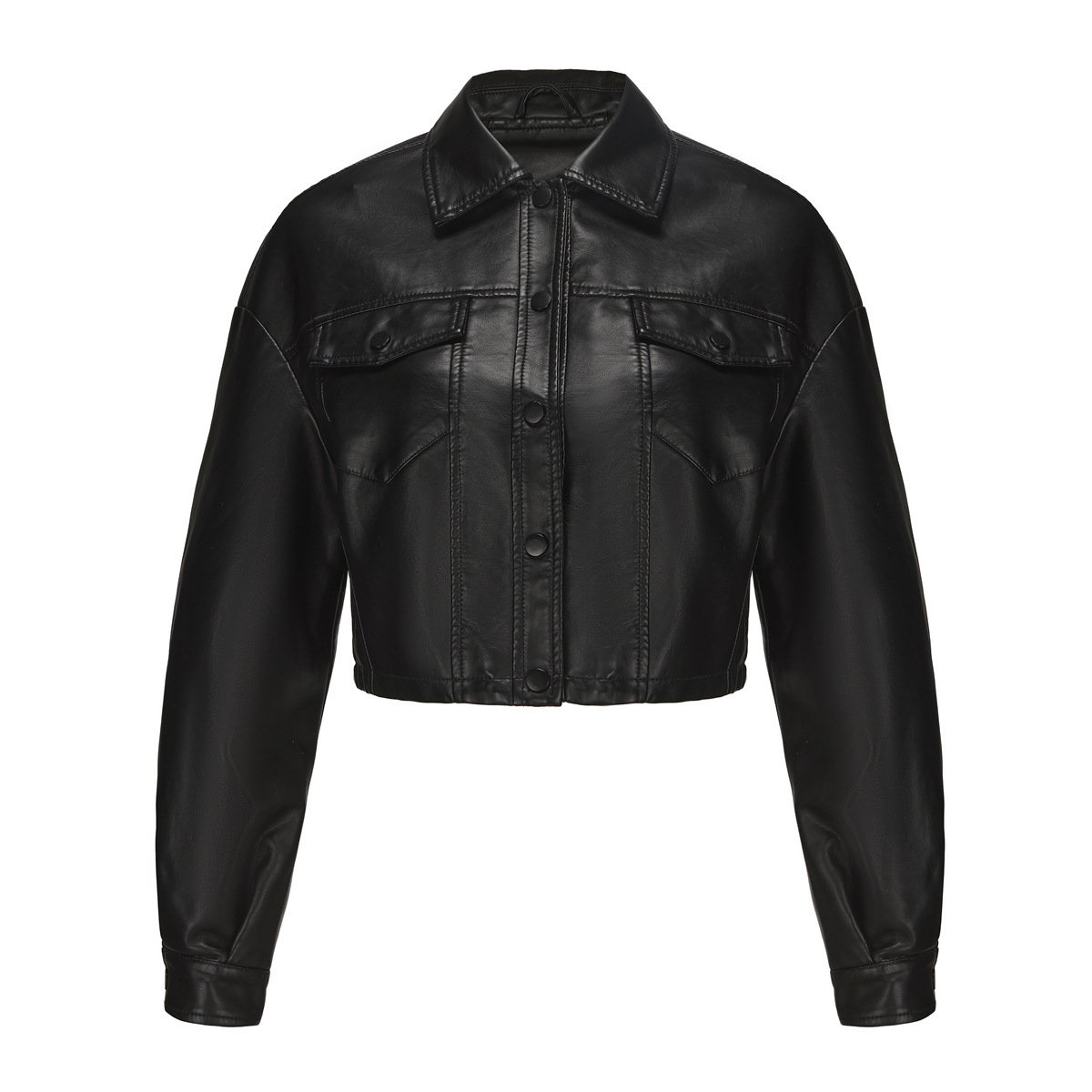 2024 Spring and Autumn New Loose Casual Leather Long Sleeve Single breasted Women's Short Jacket Flip Collar Fashion