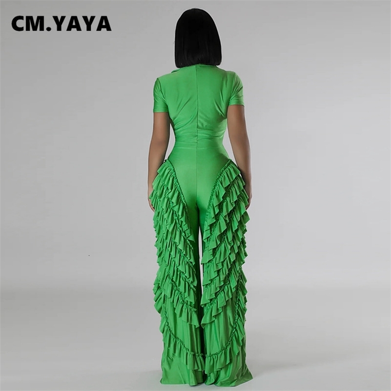 CM.YAYA Fashion Women Mult Ruffles Short Sleeve Zipper Fly Wide Leg Shirt Jumpsuit 2024 Streetwear Romper One Piece Set Playsuit 240820