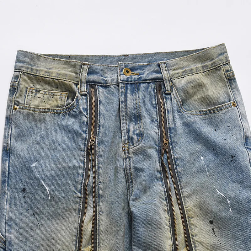 IEFB Vintage Men Jeans Pant Harajuku Straight Ink Painted Baggy Denim Trousers Personality Front Zipper Distressed Washed 9C1120 240821